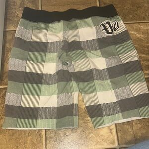 Women’s Medium Volcom Green and Black Plaid Bermuda Shorts